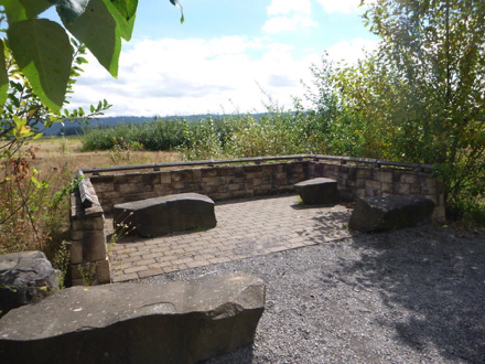 One of several seating areas – transition from gravel to brick – view of Mt Hood and Crown Point